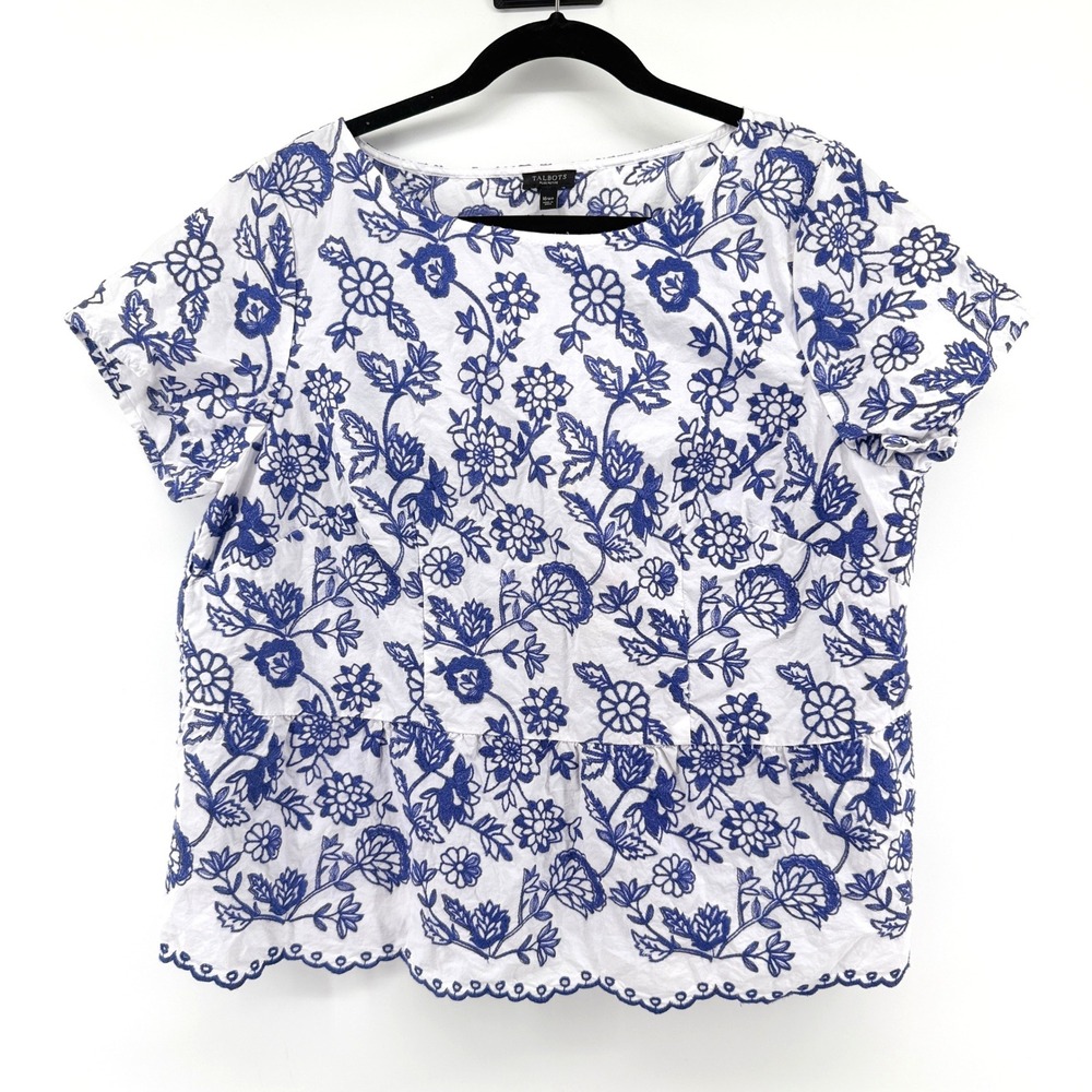 Talbots Blouse Floral Embroidered 16WP White Blue Womens Short Sleeve Peplum
